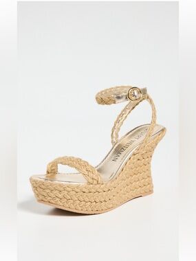 Stuart Weitzman Women’s Brada Strap Gold/Natural Espadrille Wedge Sandals—9.5
